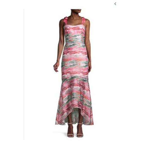 Aidan Mattox Womens Burnout Maxi Dress Gown High Low Sz 8 Pink Green NWT - Picture 1 of 8